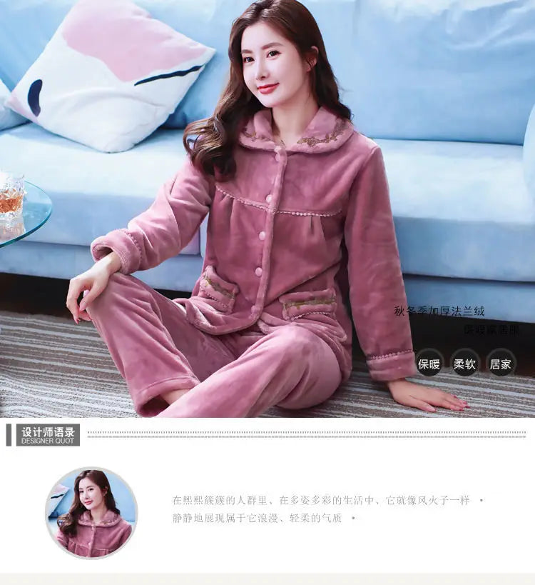 Winter Pajama Sets Women Single Breasted Tops Ankle Length Pants Thicker Cozy Nightwear Flannel Floral Warm Lounge Trendy Casual