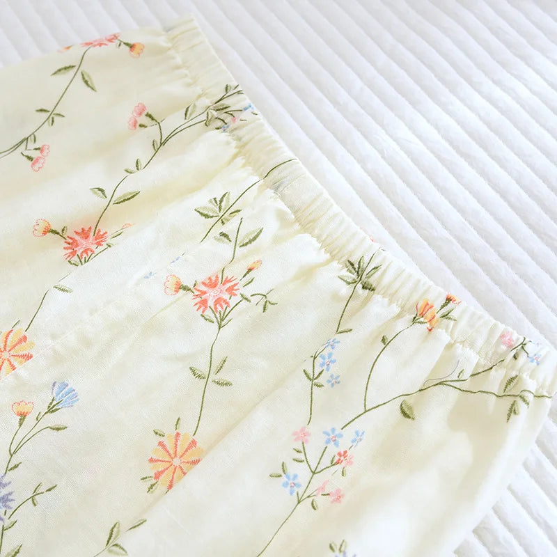Fdfklak 100% Cotton Gauze Women Homewear Pajama Suit Casual Floral Printed 2Pcs Turn Down Collar Nightwear Pijamas Mujer
