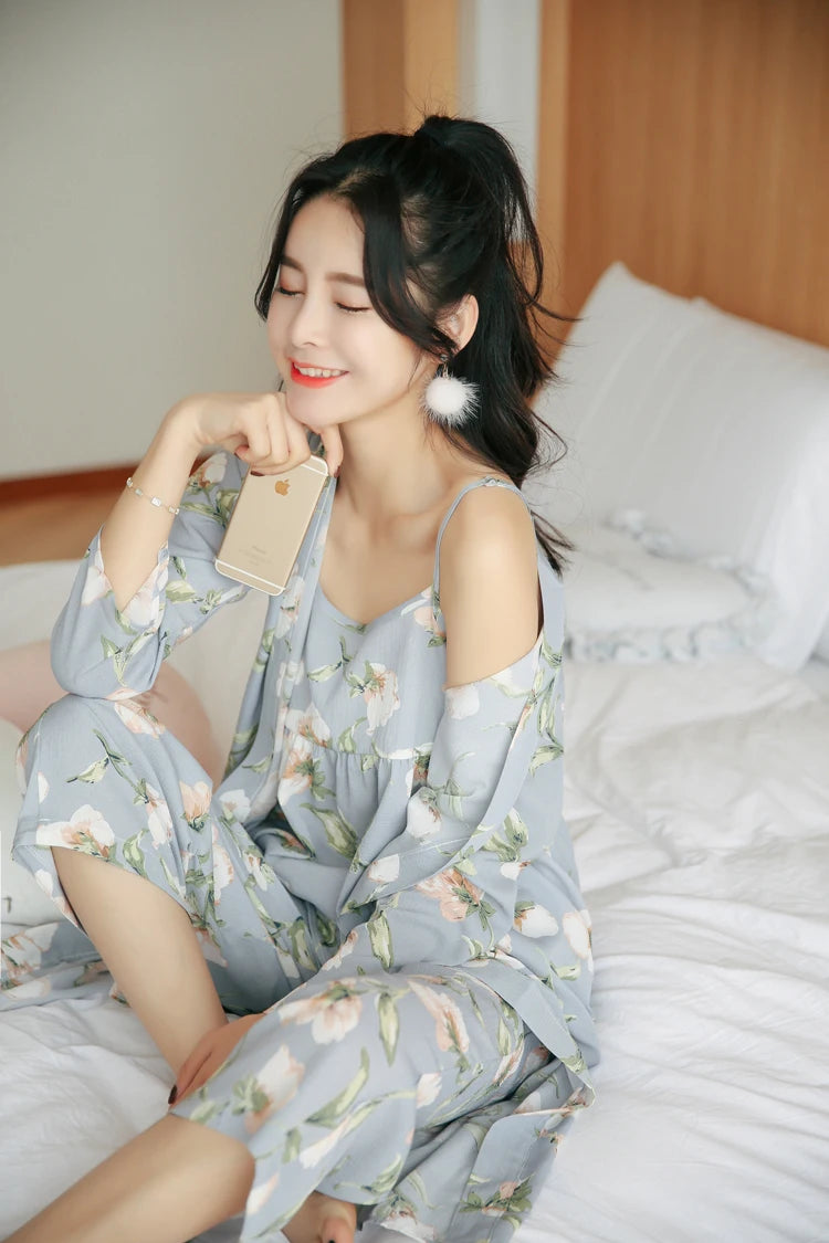 3 Pieces Women Japan Kimono Pajamas Cotton Sleepwear Pijama Soft Home Clothing Floral Printing Sleep Lounge Pyjama Pyjamas Set