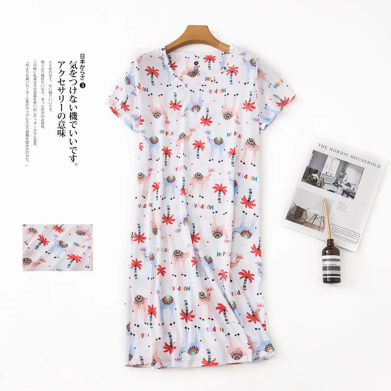 Brand Designer Homewear Women Casual Cartoon Nightgown Ladies Cotton Nightdress Female Round Collar High Quality Sleep Dress