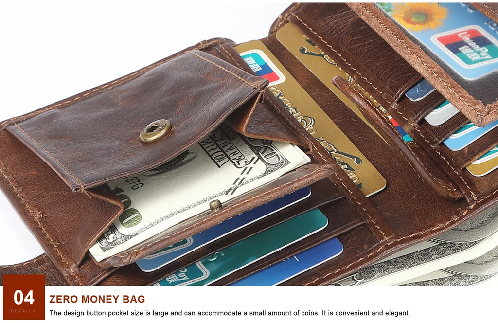 JOGUJOS Crazy Horse Leather Men's Wallet Genuine Leather Men Business Wallet  RFID Men Card Id Holder Coin Purse Travel Wallet