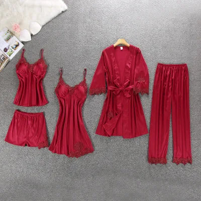 Daeyard Women's Pajamas Silk Floral Overall Print 5Pcs Pajama Set Satin Pyjamas Sexy Lace Pijama Nightie Sleepwear Home Clothes