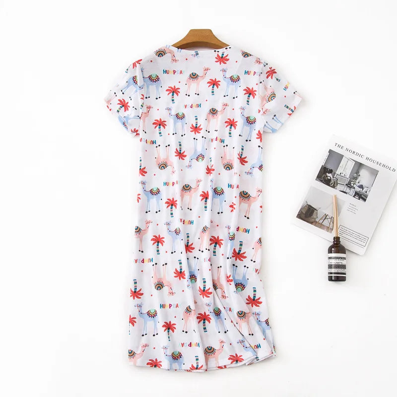 Brand Designer Homewear Women Casual Cartoon Nightgown Ladies Cotton Nightdress Female Round Collar High Quality Sleep Dress