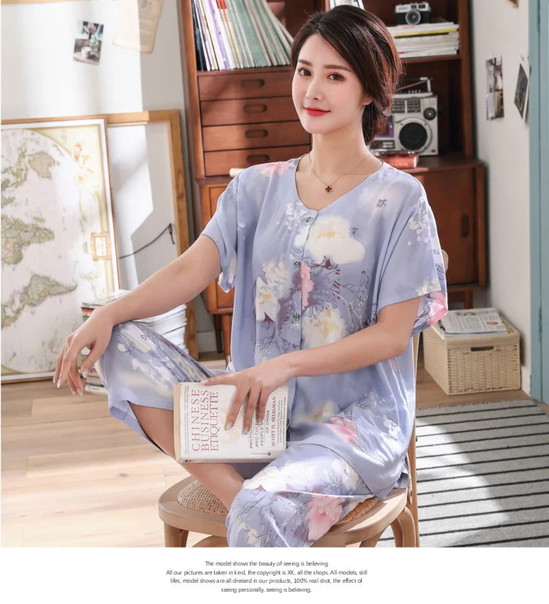 2PC Women Cotton Pajamas Set Summer New Thin Floral Short Sleeve Loose Sleepwear Casual Homewear Female Pyjamas  3XL