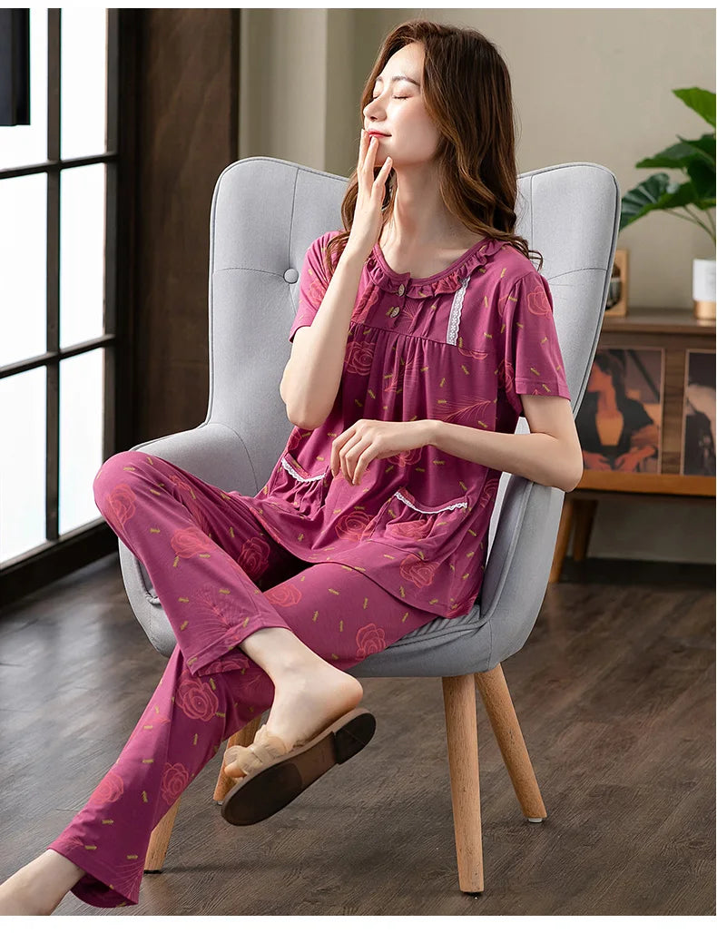 Fashion Summer Small Floral Pyjamas Women Nightgown Big Yards 4XL Sleepshirts Short-Sleeve Nightie Pajama Modal Cotton Sleepwear