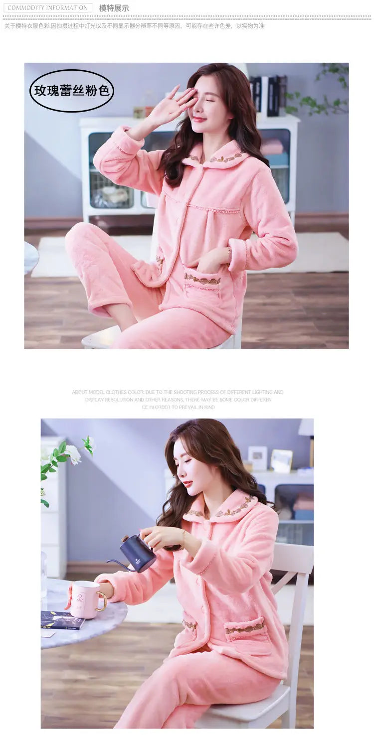 Winter Pajama Sets Women Single Breasted Tops Ankle Length Pants Thicker Cozy Nightwear Flannel Floral Warm Lounge Trendy Casual
