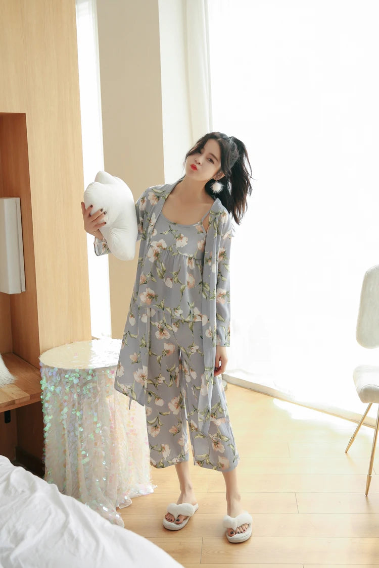 3 Pieces Women Japan Kimono Pajamas Cotton Sleepwear Pijama Soft Home Clothing Floral Printing Sleep Lounge Pyjama Pyjamas Set
