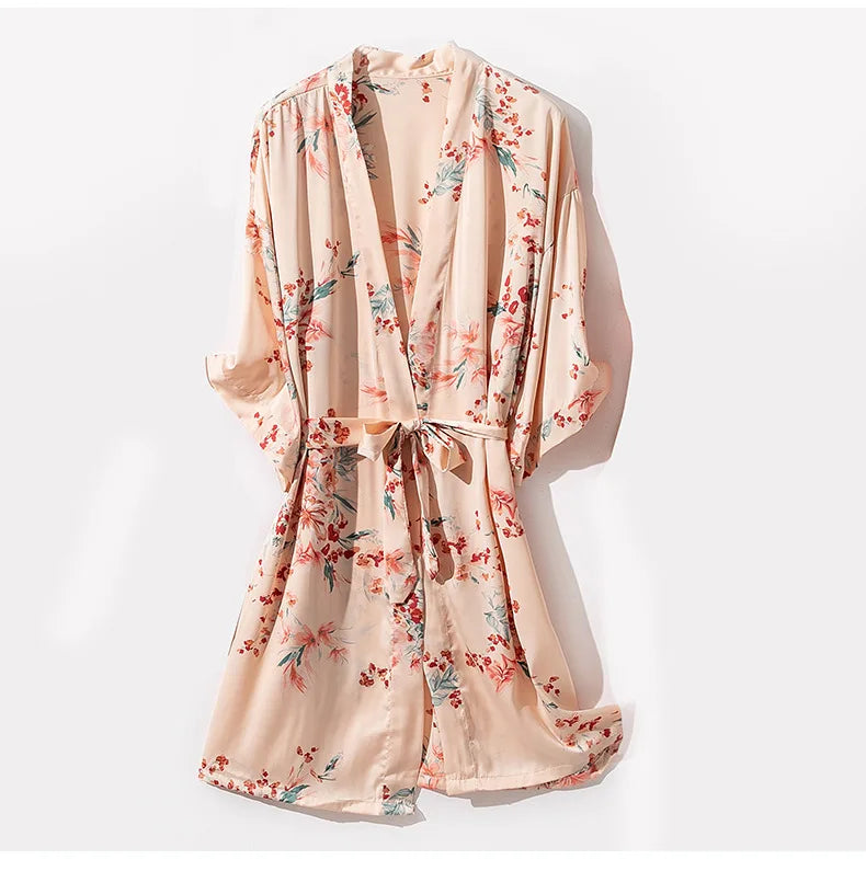Kimono Robe Gown Print Flower Women Sleepwear Bathrobe Summer Nightgown Casual Silky Nightwear Satin Nightdress Home Clothes