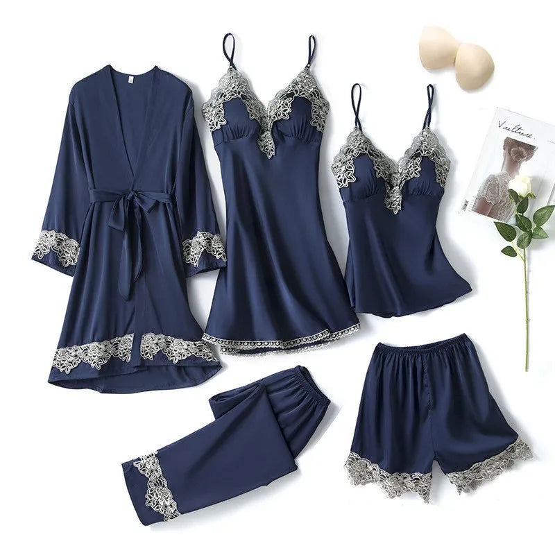 Pink Women Rayon 5PCS Robe Gown Sets Sexy Lace Floral Trim Bride Dressing Sleep Suit Loose Lingerie Pajamas Set Kimono Nightgown