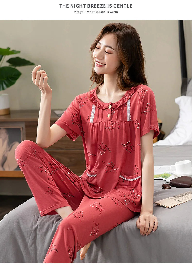 Fashion Summer Small Floral Pyjamas Women Nightgown Big Yards 4XL Sleepshirts Short-Sleeve Nightie Pajama Modal Cotton Sleepwear