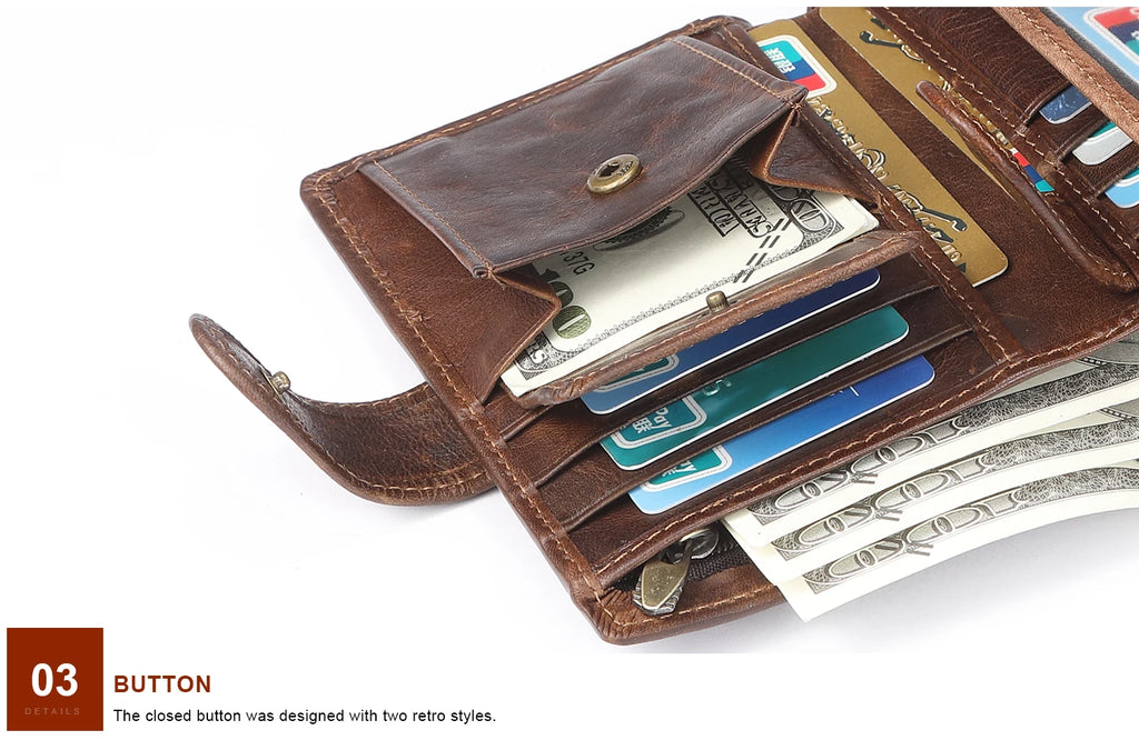 JOGUJOS Crazy Horse Leather Men's Wallet Genuine Leather Men Business Wallet  RFID Men Card Id Holder Coin Purse Travel Wallet