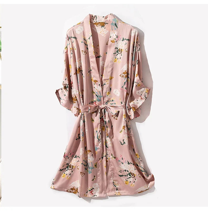 Kimono Robe Gown Print Flower Women Sleepwear Bathrobe Summer Nightgown Casual Silky Nightwear Satin Nightdress Home Clothes