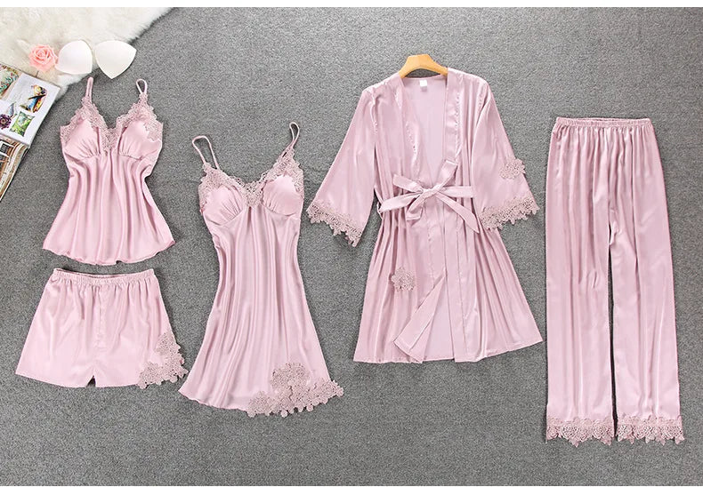 Daeyard Women's Pajamas Silk Floral Overall Print 5Pcs Pajama Set Satin Pyjamas Sexy Lace Pijama Nightie Sleepwear Home Clothes
