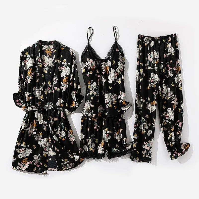 Kimono Robe Gown Print Flower Women Sleepwear Bathrobe Summer Nightgown Casual Silky Nightwear Satin Nightdress Home Clothes