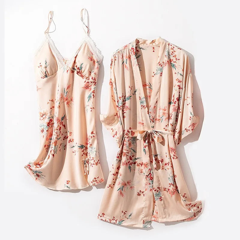Kimono Robe Gown Print Flower Women Sleepwear Bathrobe Summer Nightgown Casual Silky Nightwear Satin Nightdress Home Clothes