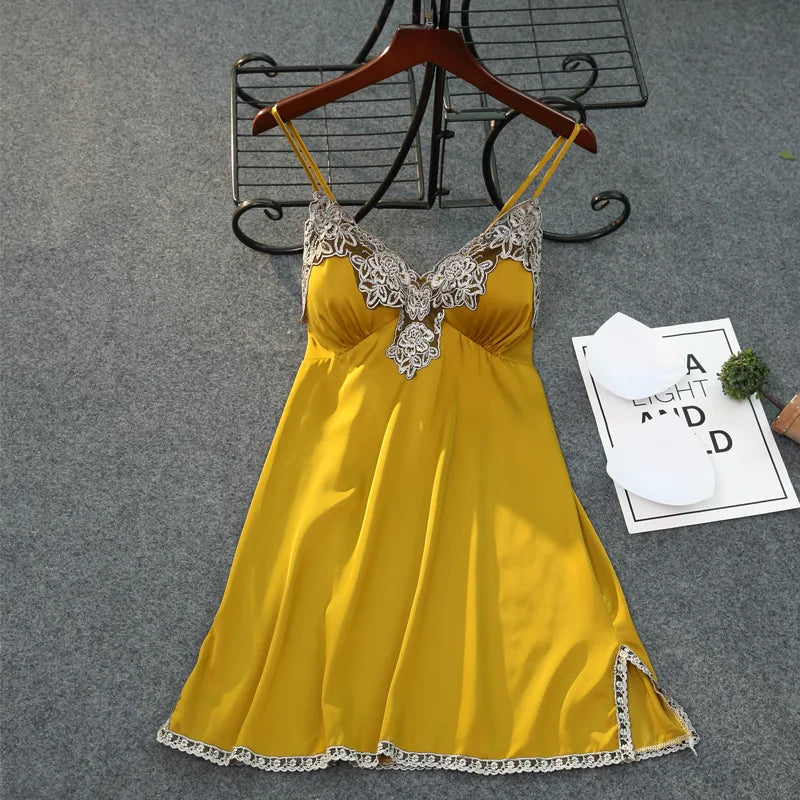 Satin Spaghetti Strap Nightdress Sleepwear Sexy Lace Nightgown Women Intimate Lingerie Nightwear Silky Home Clothes Sleep Dress