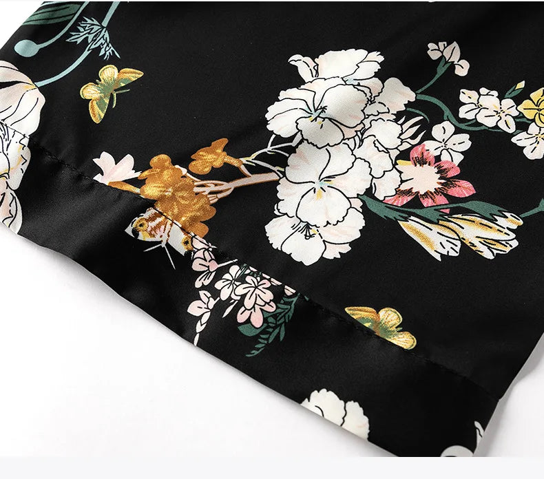 Kimono Robe Gown Print Flower Women Sleepwear Bathrobe Summer Nightgown Casual Silky Nightwear Satin Nightdress Home Clothes