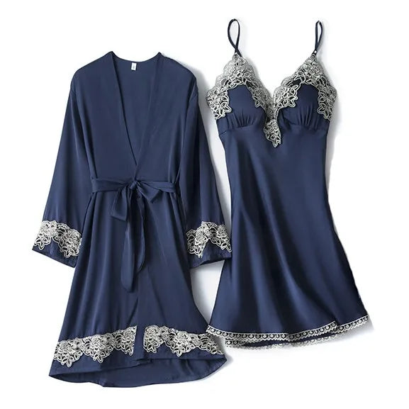 Pink Women Rayon 5PCS Robe Gown Sets Sexy Lace Floral Trim Bride Dressing Sleep Suit Loose Lingerie Pajamas Set Kimono Nightgown