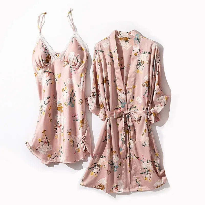 Kimono Robe Gown Print Flower Women Sleepwear Bathrobe Summer Nightgown Casual Silky Nightwear Satin Nightdress Home Clothes