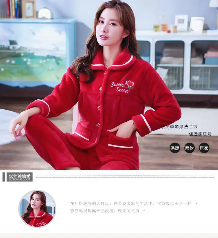 Winter Pajama Sets Women Single Breasted Tops Ankle Length Pants Thicker Cozy Nightwear Flannel Floral Warm Lounge Trendy Casual
