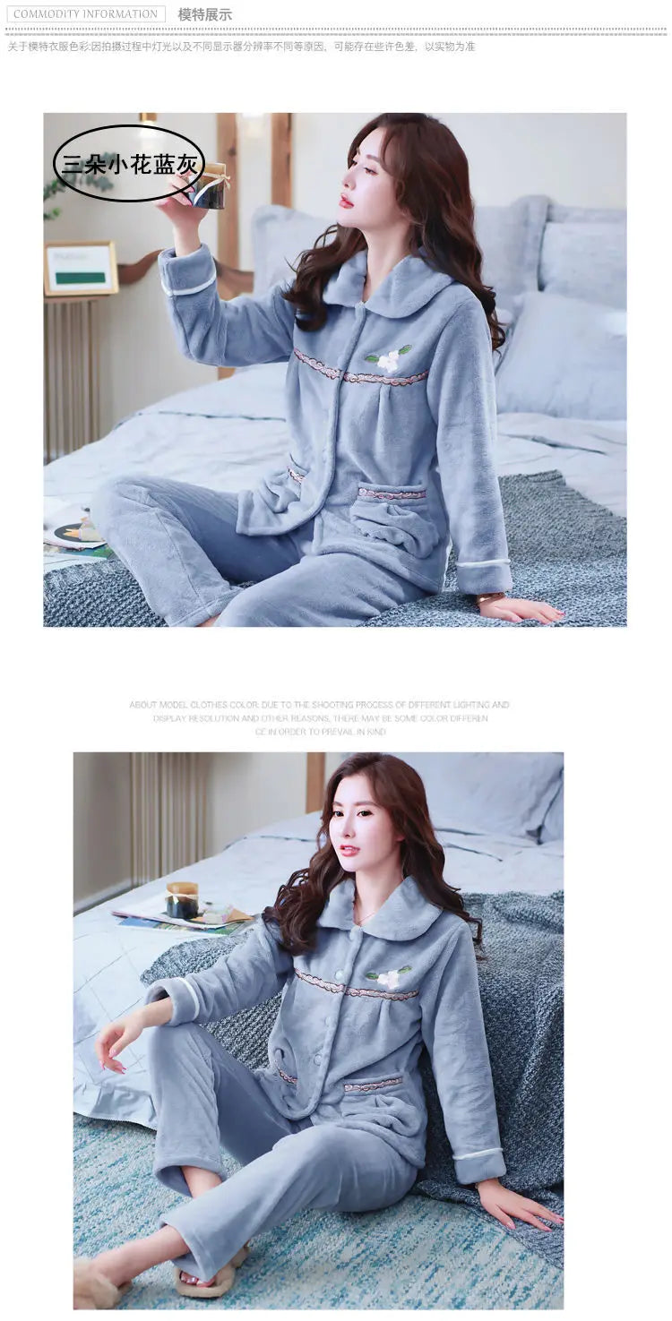 Winter Pajama Sets Women Single Breasted Tops Ankle Length Pants Thicker Cozy Nightwear Flannel Floral Warm Lounge Trendy Casual