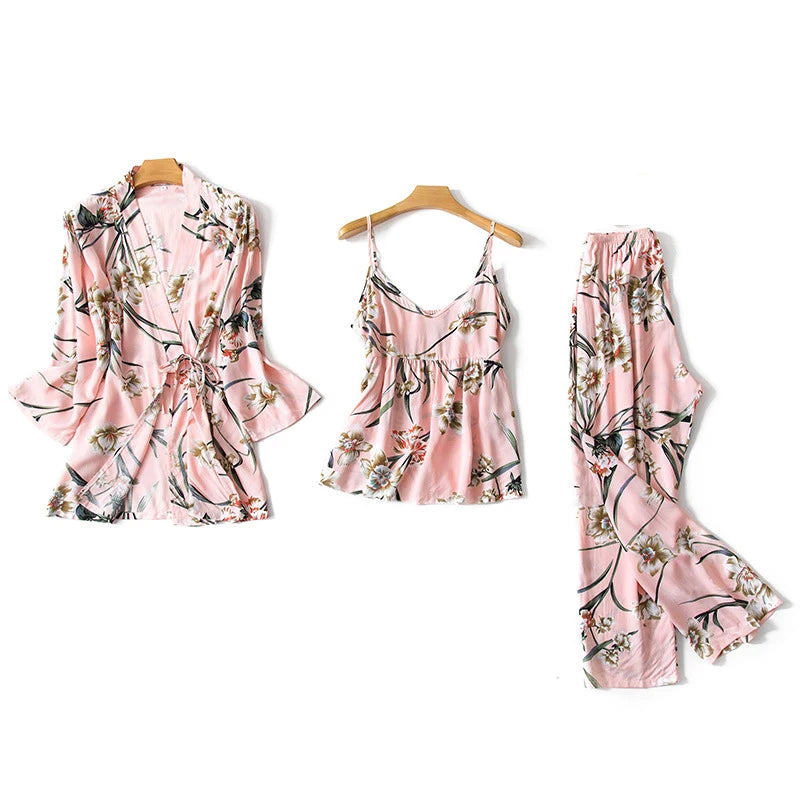Women Sexy Pajama Sleepwear Sets Floral Printed Pyjama Femme Robe for Ladies Home Suit Spring Summer Nightwear Pijama 3 Pieces