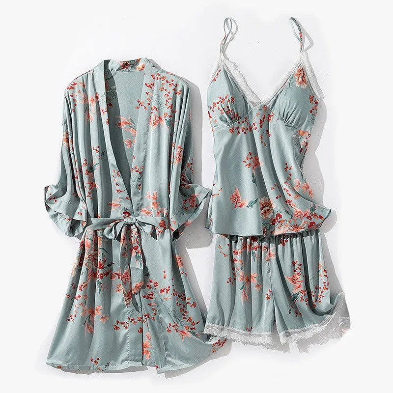 Kimono Robe Gown Print Flower Women Sleepwear Bathrobe Summer Nightgown Casual Silky Nightwear Satin Nightdress Home Clothes