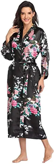Hot Sale Black Summer Satin Kimono Bathrobe Women Bride Bridesmaid Wedding Robe Dress Gown Sexy Flower Long Sleepwear M-3XL