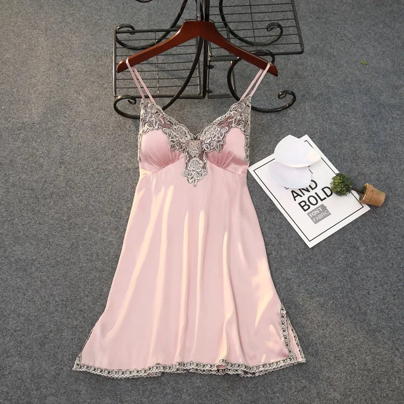 Satin Spaghetti Strap Nightdress Sleepwear Sexy Lace Nightgown Women Intimate Lingerie Nightwear Silky Home Clothes Sleep Dress