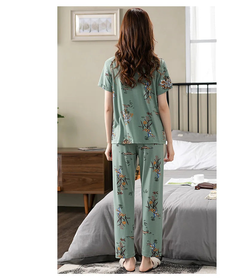 Fashion Summer Small Floral Pyjamas Women Nightgown Big Yards 4XL Sleepshirts Short-Sleeve Nightie Pajama Modal Cotton Sleepwear