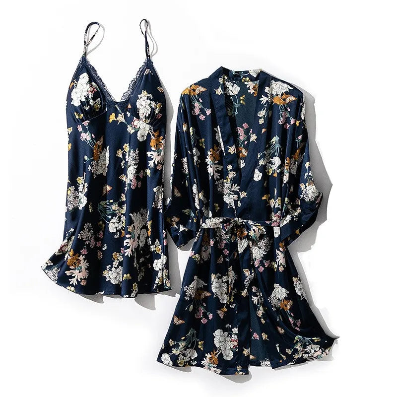 Kimono Robe Gown Print Flower Women Sleepwear Bathrobe Summer Nightgown Casual Silky Nightwear Satin Nightdress Home Clothes