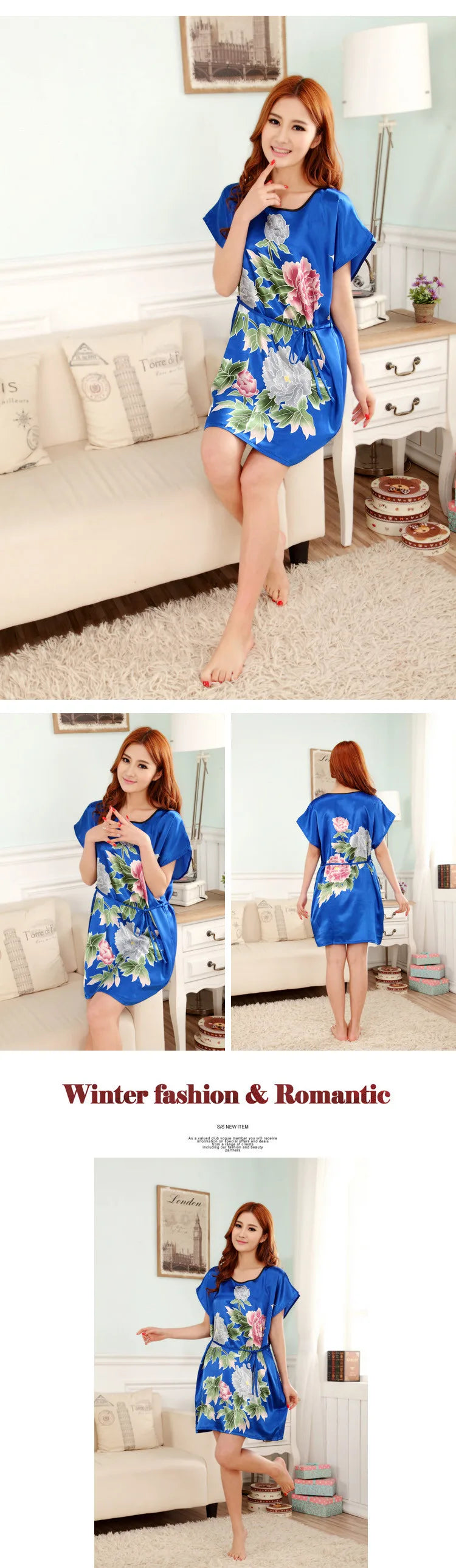 Summer fashion womens nightgown silk satin short-sleeved Korean pyjamas Ethnic flower pattern female nightdress casual tracksuit