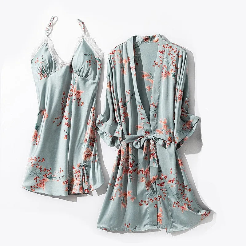 Kimono Robe Gown Print Flower Women Sleepwear Bathrobe Summer Nightgown Casual Silky Nightwear Satin Nightdress Home Clothes