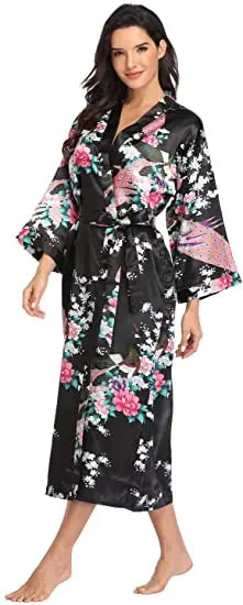 Hot Sale Black Summer Satin Kimono Bathrobe Women Bride Bridesmaid Wedding Robe Dress Gown Sexy Flower Long Sleepwear M-3XL