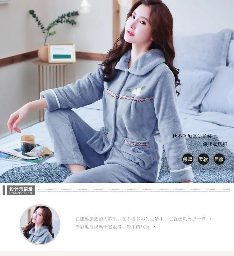 Winter Pajama Sets Women Single Breasted Tops Ankle Length Pants Thicker Cozy Nightwear Flannel Floral Warm Lounge Trendy Casual
