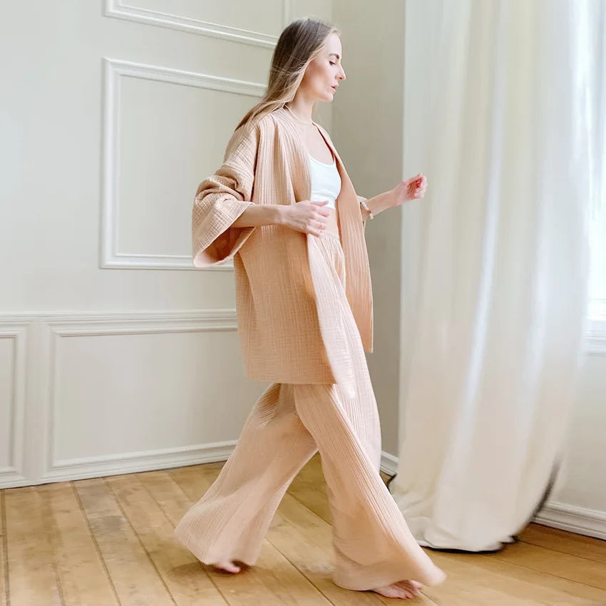 NHKDSASA Kimono Pajamas 2023 New 100% Cotton Crepe Long-Sleeved Trousers Ladies Sleepwear Suit Women's Home Service Mujer