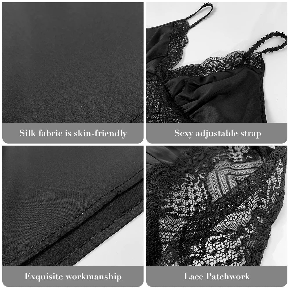 HTTHDD Lace Women Nightdress Satin Spaghetti Straps Flower Embroidery Women Pajamas Fashion Summer Evening Dress Sexy Nightgown