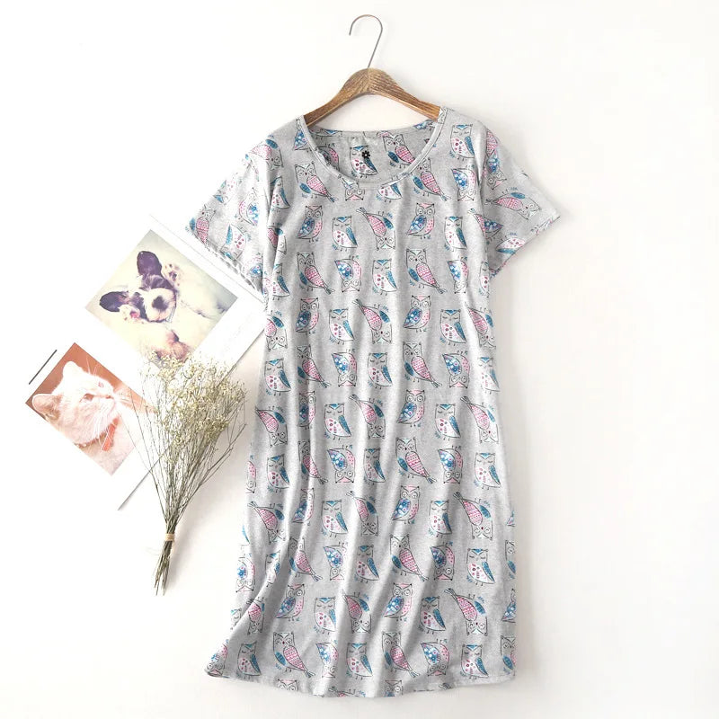Brand Designer Homewear Women Casual Cartoon Nightgown Ladies Cotton Nightdress Female Round Collar High Quality Sleep Dress