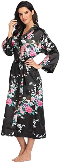 Hot Sale Black Summer Satin Kimono Bathrobe Women Bride Bridesmaid Wedding Robe Dress Gown Sexy Flower Long Sleepwear M-3XL