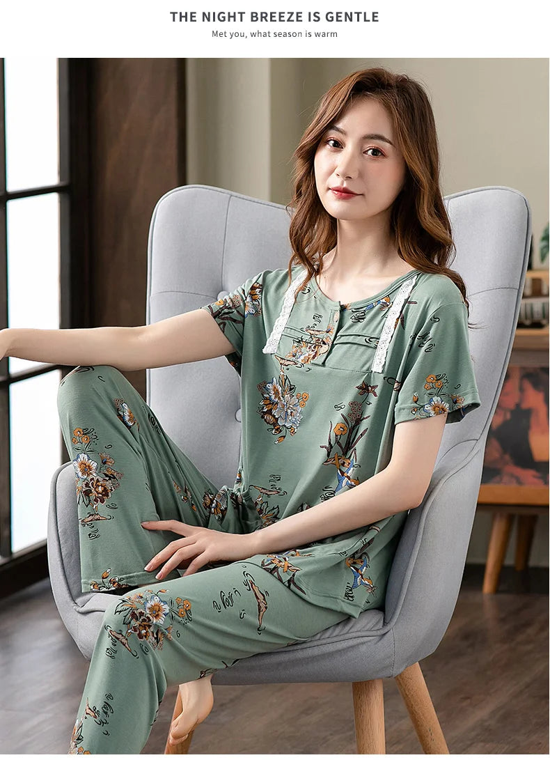 Fashion Summer Small Floral Pyjamas Women Nightgown Big Yards 4XL Sleepshirts Short-Sleeve Nightie Pajama Modal Cotton Sleepwear