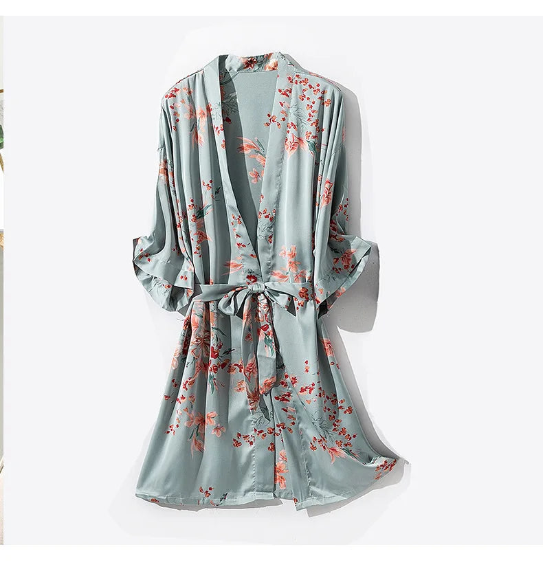 Kimono Robe Gown Print Flower Women Sleepwear Bathrobe Summer Nightgown Casual Silky Nightwear Satin Nightdress Home Clothes