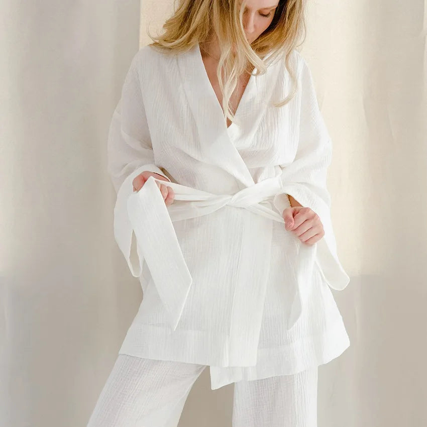 NHKDSASA Kimono Pajamas 2023 New 100% Cotton Crepe Long-Sleeved Trousers Ladies Sleepwear Suit Women's Home Service Mujer