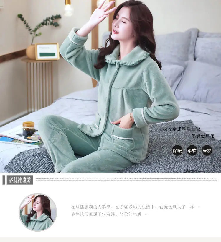 Winter Pajama Sets Women Single Breasted Tops Ankle Length Pants Thicker Cozy Nightwear Flannel Floral Warm Lounge Trendy Casual