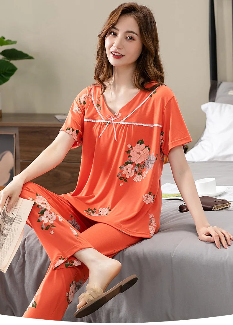 Fashion Summer Small Floral Pyjamas Women Nightgown Big Yards 4XL Sleepshirts Short-Sleeve Nightie Pajama Modal Cotton Sleepwear