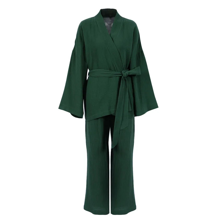 NHKDSASA Kimono Pajamas 2023 New 100% Cotton Crepe Long-Sleeved Trousers Ladies Sleepwear Suit Women's Home Service Mujer