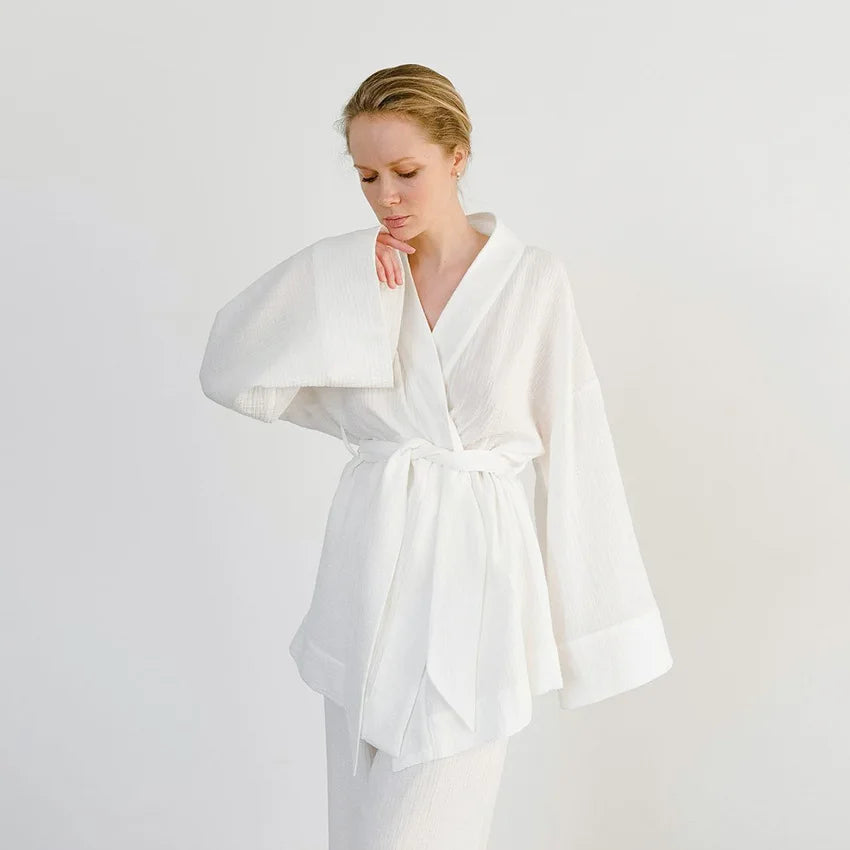NHKDSASA Kimono Pajamas 2023 New 100% Cotton Crepe Long-Sleeved Trousers Ladies Sleepwear Suit Women's Home Service Mujer