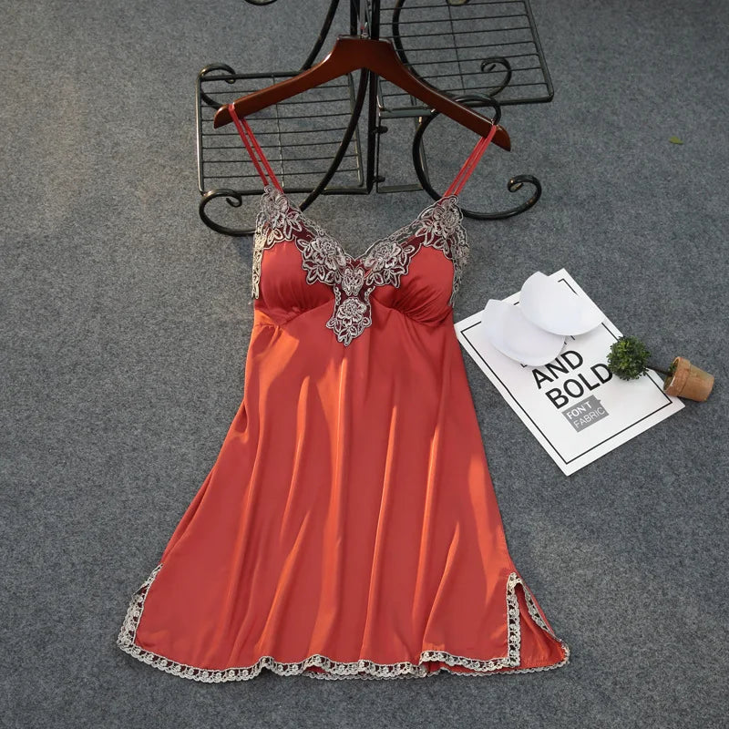 Satin Spaghetti Strap Nightdress Sleepwear Sexy Lace Nightgown Women Intimate Lingerie Nightwear Silky Home Clothes Sleep Dress