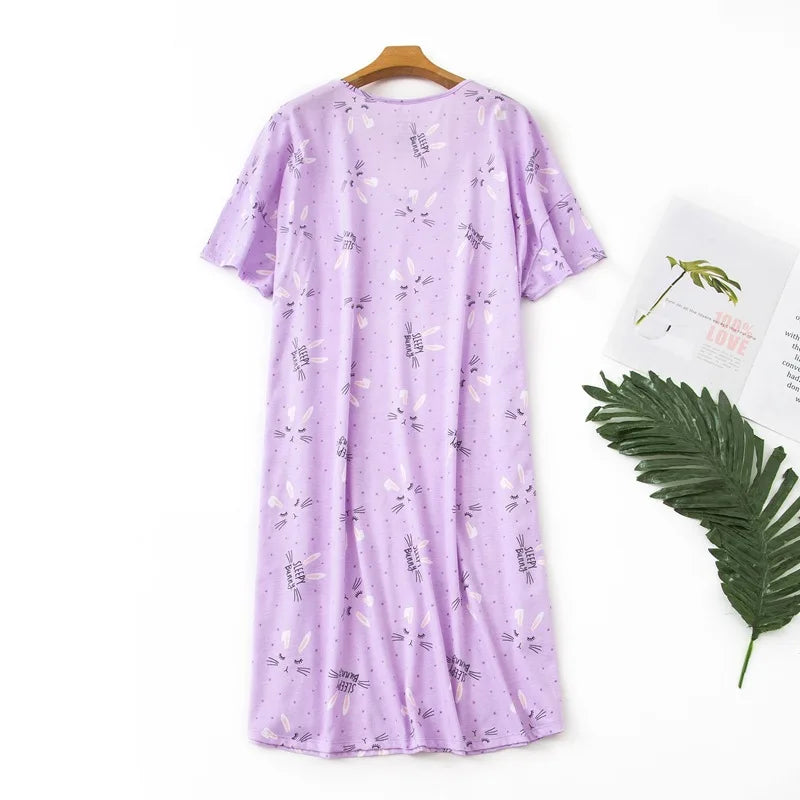 Brand Designer Homewear Women Casual Cartoon Nightgown Ladies Cotton Nightdress Female Round Collar High Quality Sleep Dress