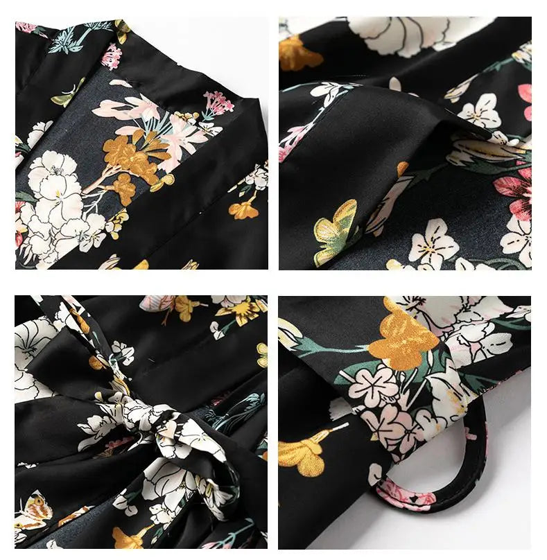 Kimono Robe Gown Print Flower Women Sleepwear Bathrobe Summer Nightgown Casual Silky Nightwear Satin Nightdress Home Clothes
