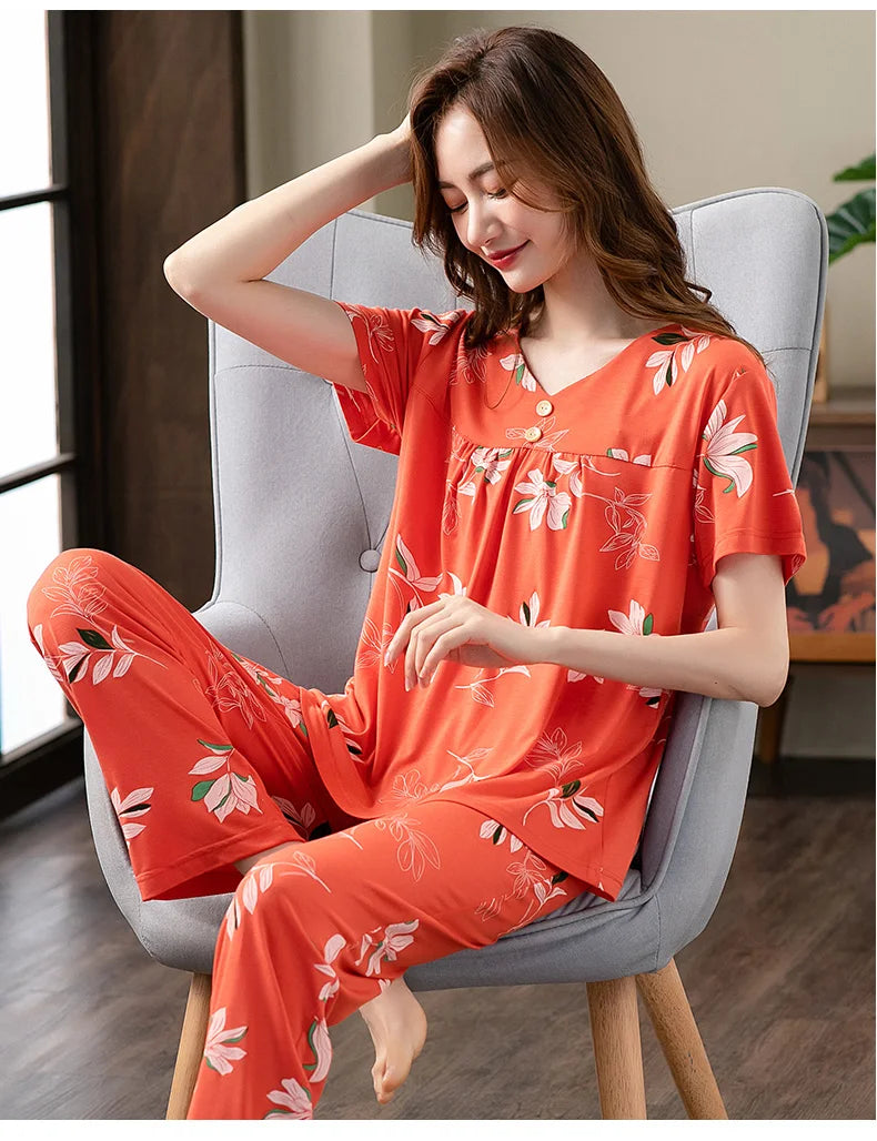Fashion Summer Small Floral Pyjamas Women Nightgown Big Yards 4XL Sleepshirts Short-Sleeve Nightie Pajama Modal Cotton Sleepwear